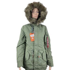 Alpha Industries J 4 Fishtail Puffer Anorak Jacket Parka M-65 Olive Womens Small